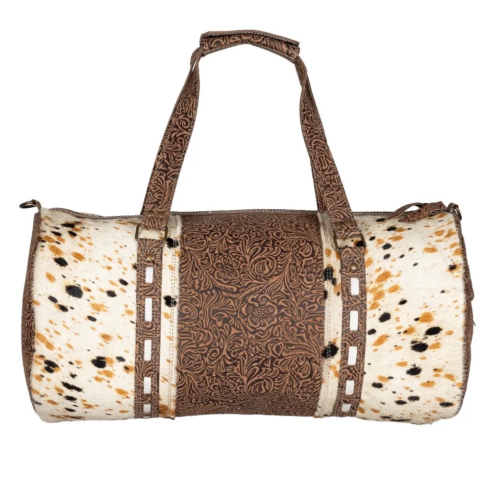 Brown and Cream Cowhide & Leather Duffle Bag